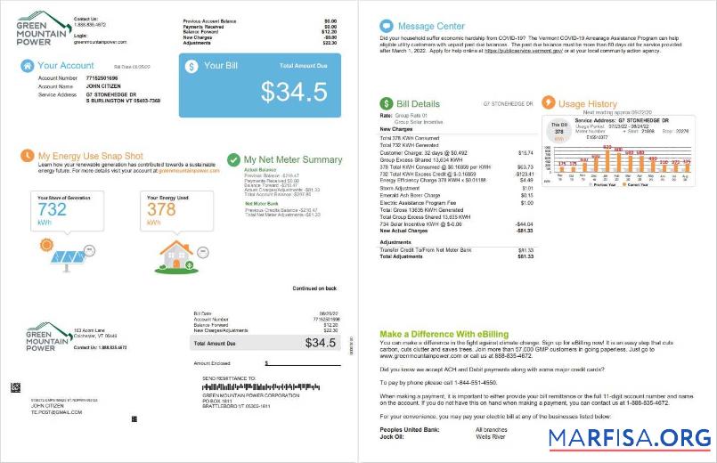 Downloadable USA Vermont Green Mountain Power utility bill, Word and PDF template, 2 pages